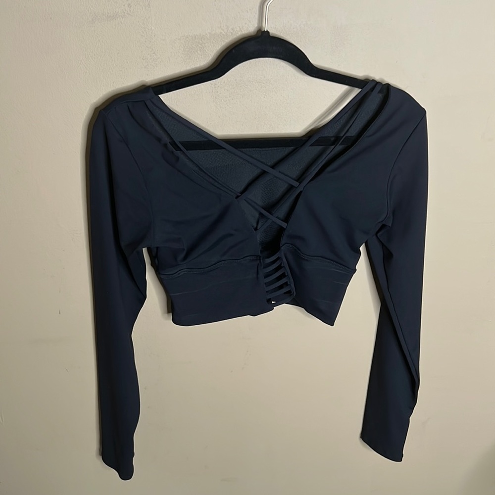 Black workout top with built in bra zipper (cross back)